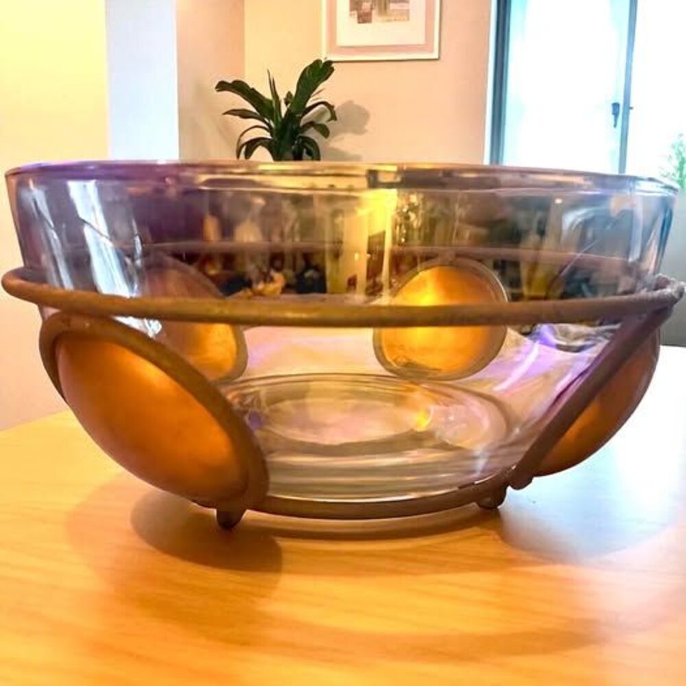 Large Rustic Glass, Copper & Metal Salad Bowl
